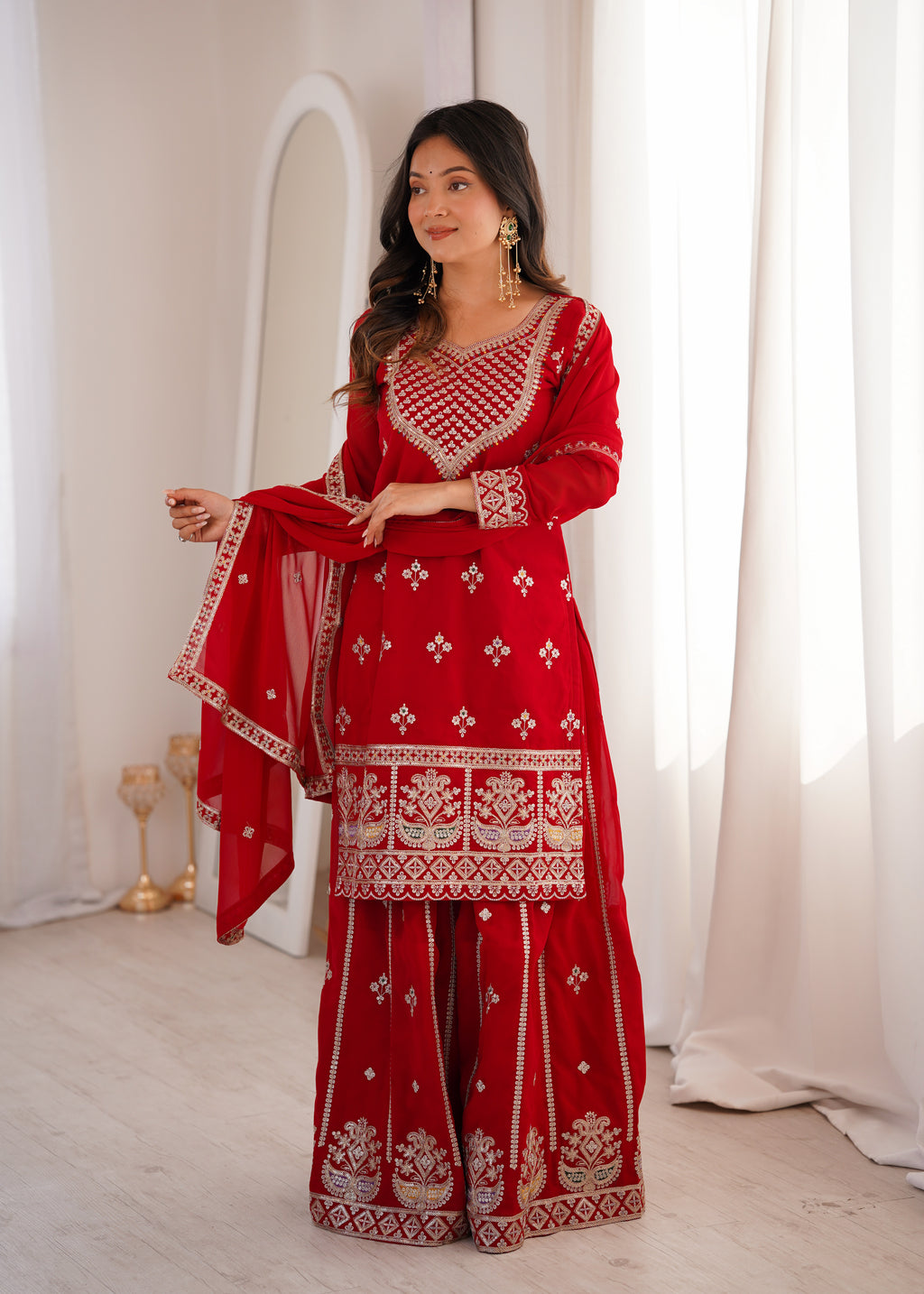 Red Fox Georgette Embroidery Work Sharara Set