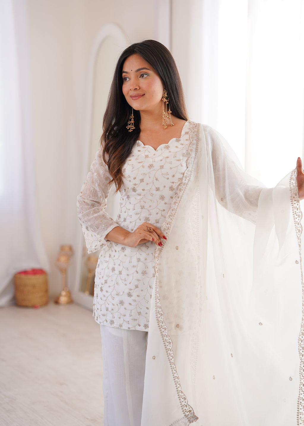 White Crunchy Silk Fabric With Embroidery Sharara Set