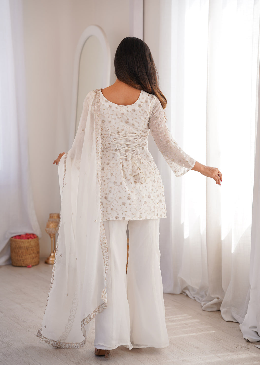White Crunchy Silk Fabric With Embroidery Sharara Set