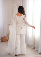 White Crunchy Silk Fabric With Embroidery Sharara Set