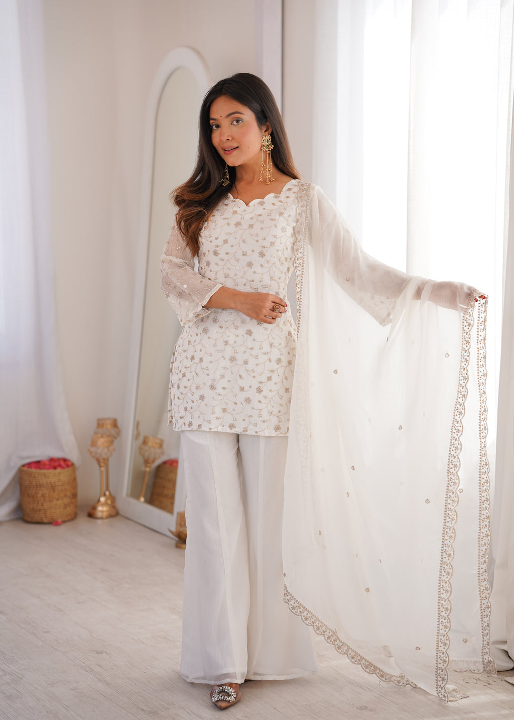 White Crunchy Silk Fabric With Embroidery Sharara Set