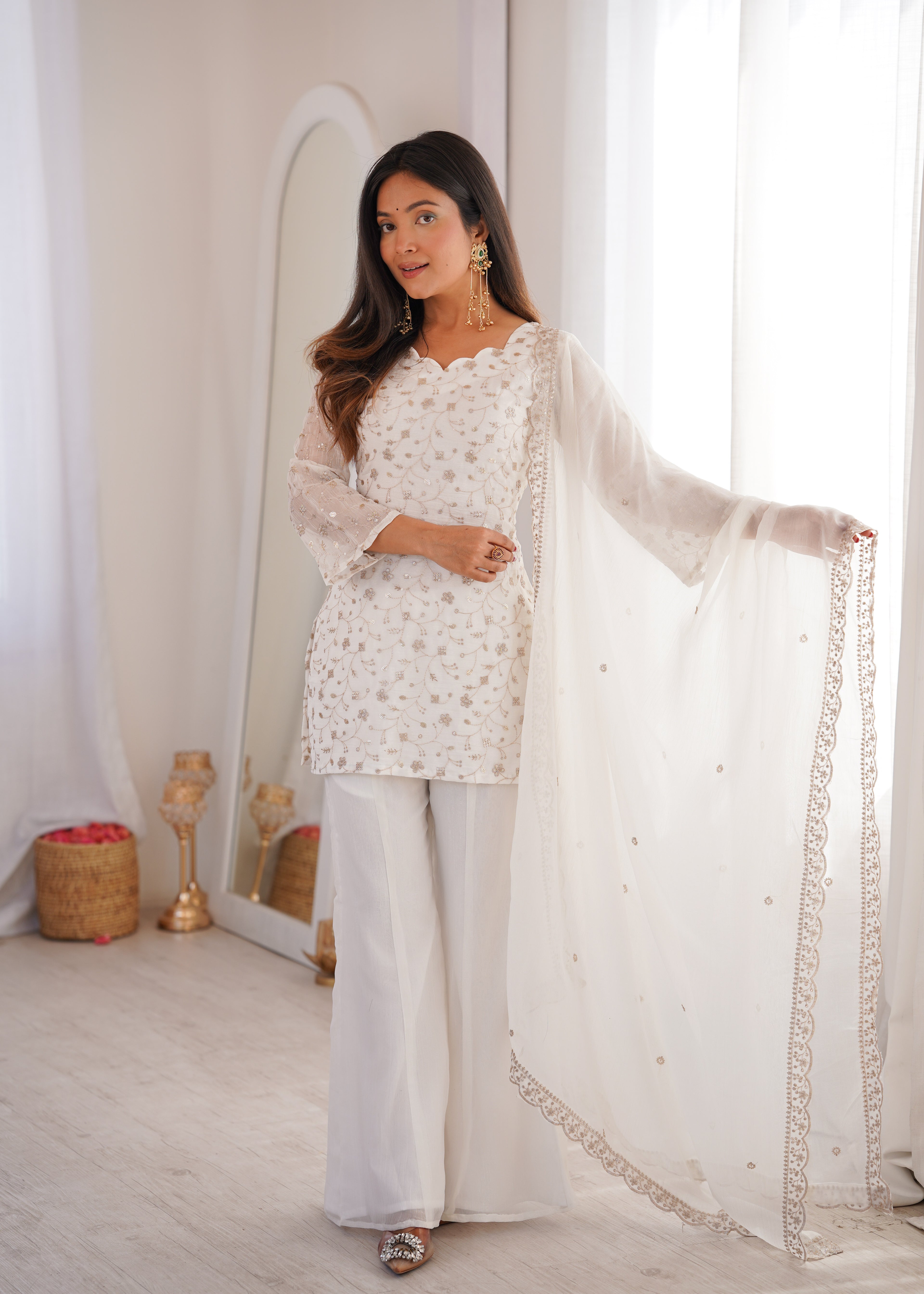 White Crunchy Silk Fabric With Embroidery Sharara Set