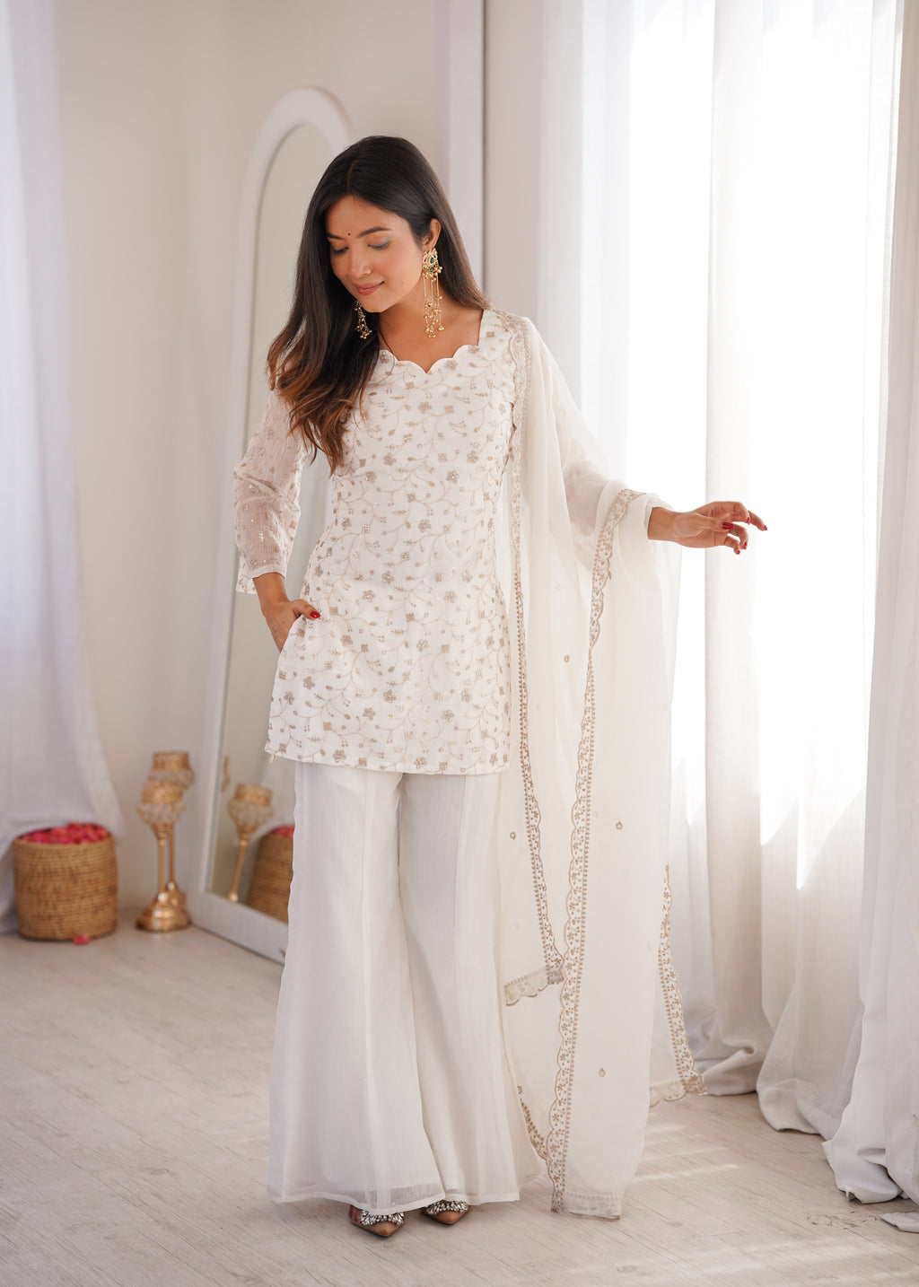 White Crunchy Silk Fabric With Embroidery Sharara Set