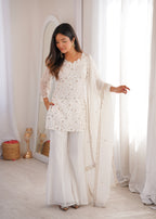 White Crunchy Silk Fabric With Embroidery Sharara Set