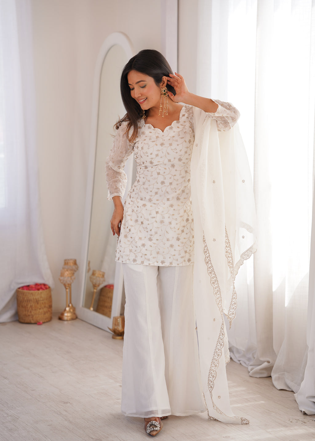 White Crunchy Silk Fabric With Embroidery Sharara Set