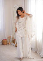White Crunchy Silk Fabric With Embroidery Sharara Set