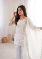 White Crunchy Silk Fabric With Embroidery Sharara Set