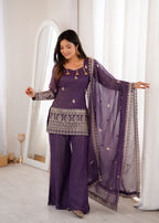 Purple Crunchy Silk Embroidery Sequence  Sharara Set