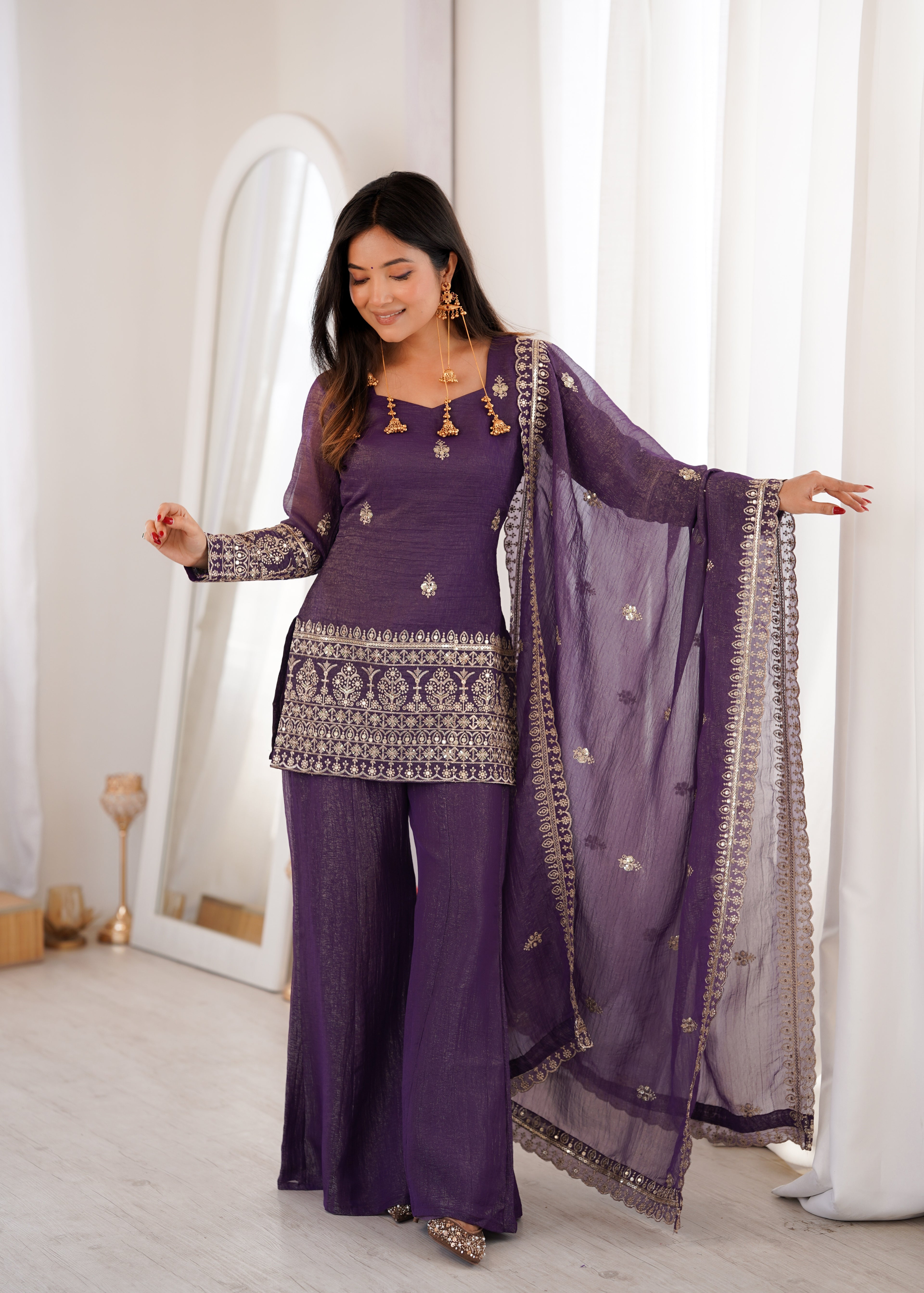 Purple Crunchy Silk Embroidery Sequence  Sharara Set