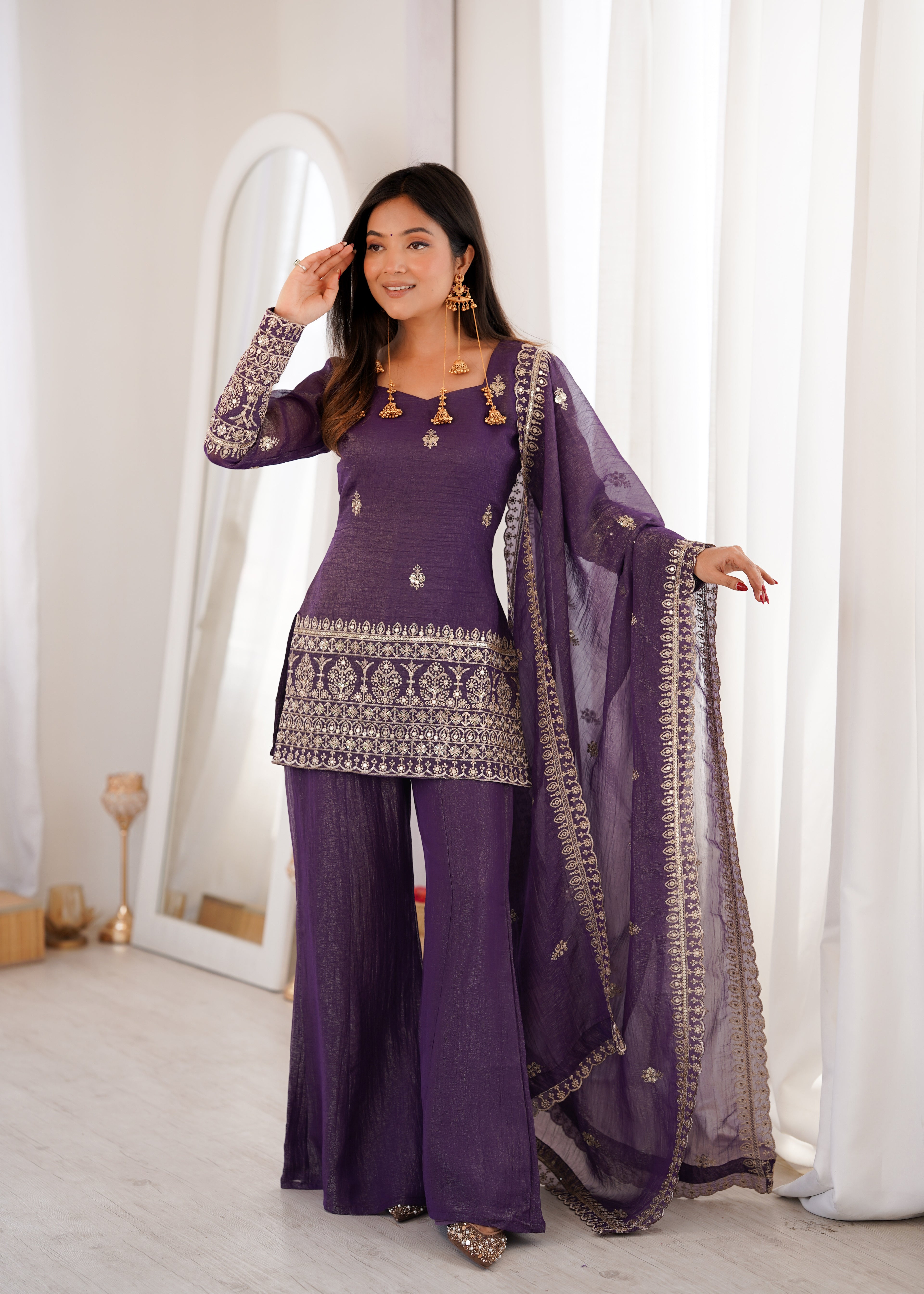 Purple Crunchy Silk Embroidery Sequence  Sharara Set