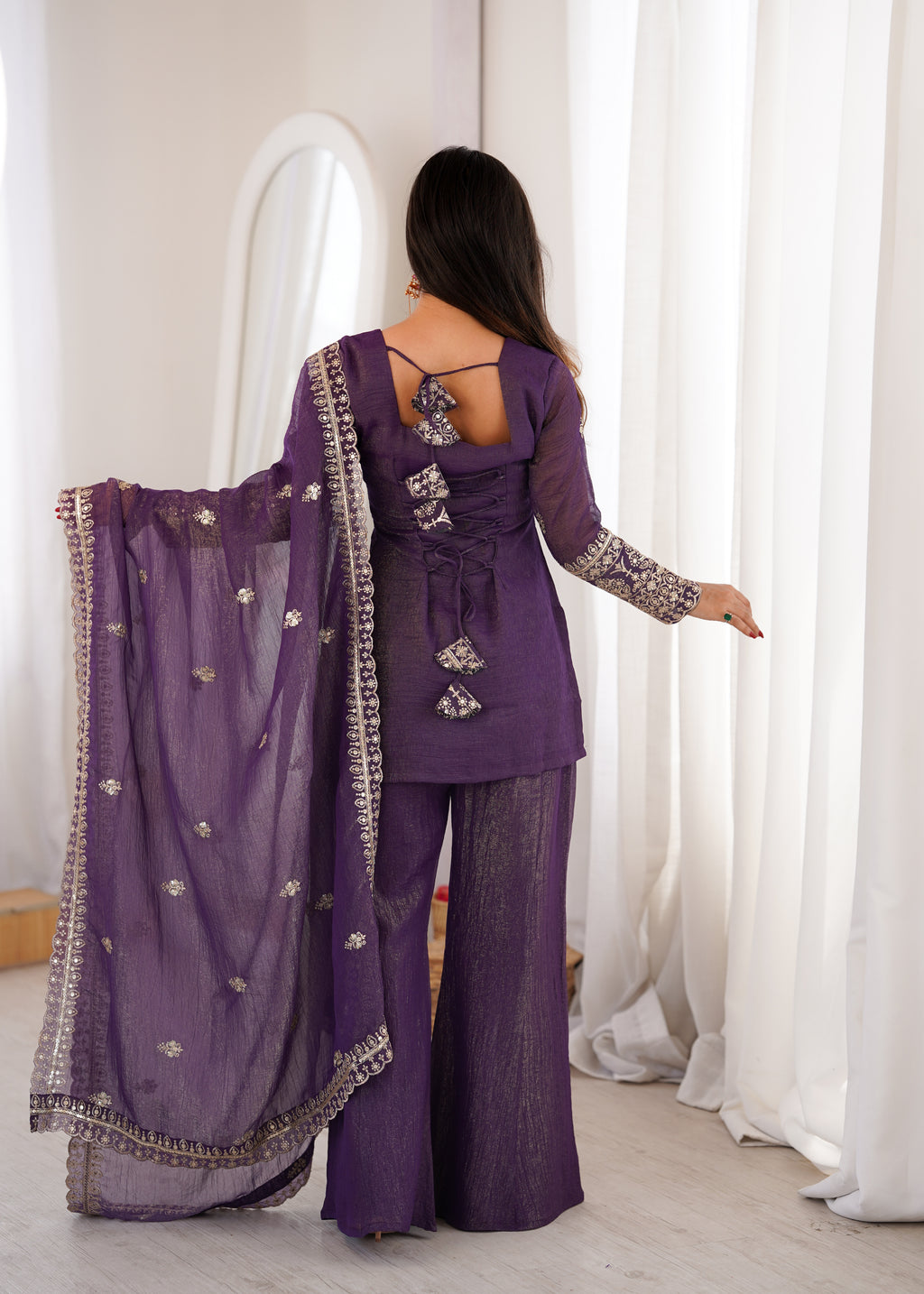 Purple Crunchy Silk Embroidery Sequence  Sharara Set