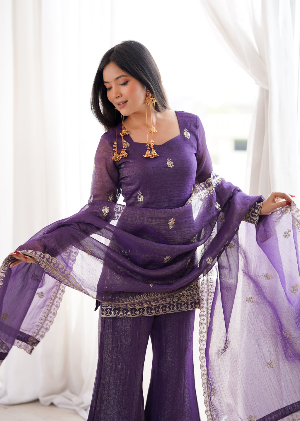 Purple Crunchy Silk Embroidery Sequence  Sharara Set