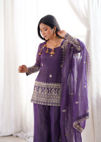 Purple Crunchy Silk Embroidery Sequence  Sharara Set