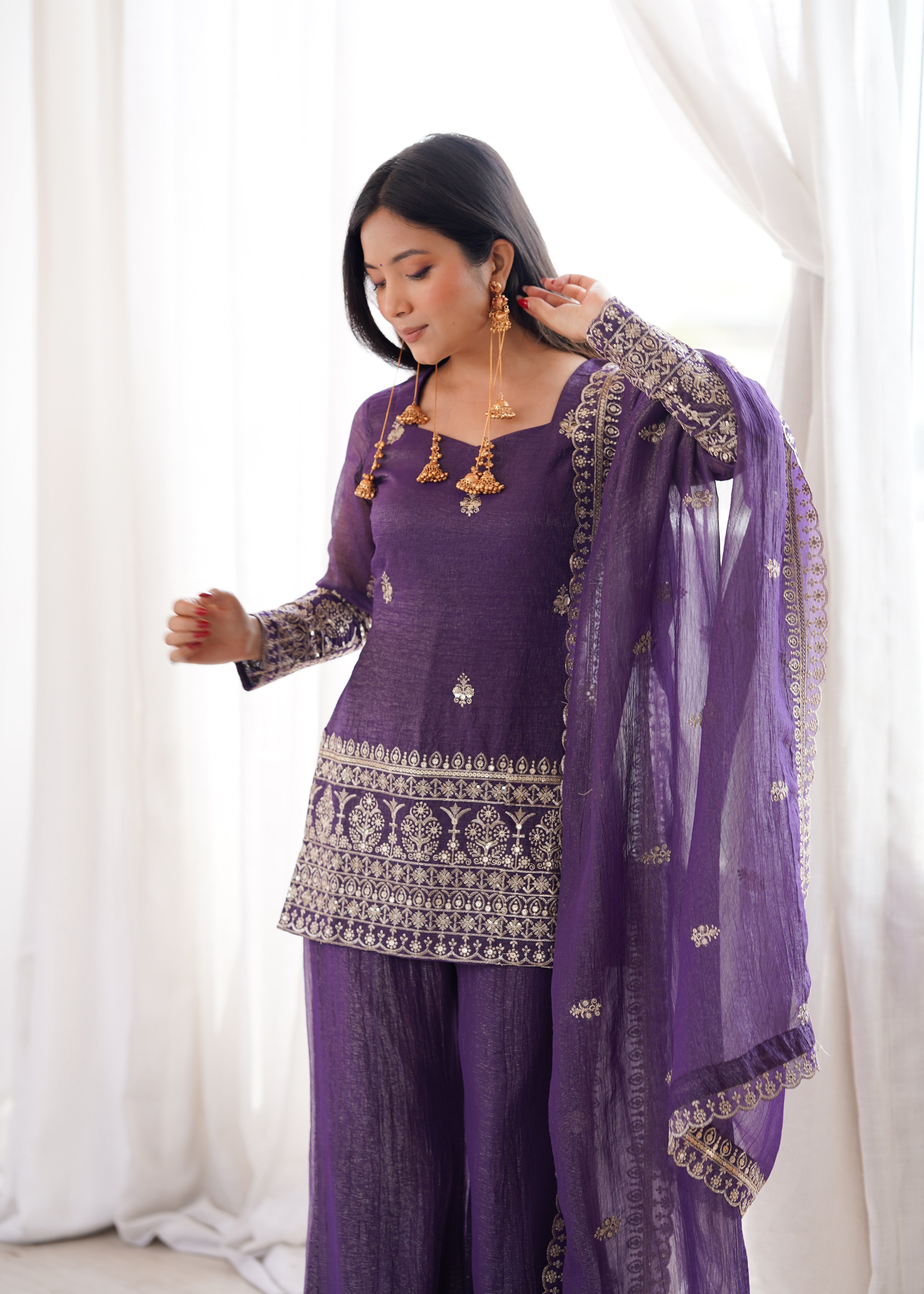 Purple Crunchy Silk Embroidery Sequence  Sharara Set