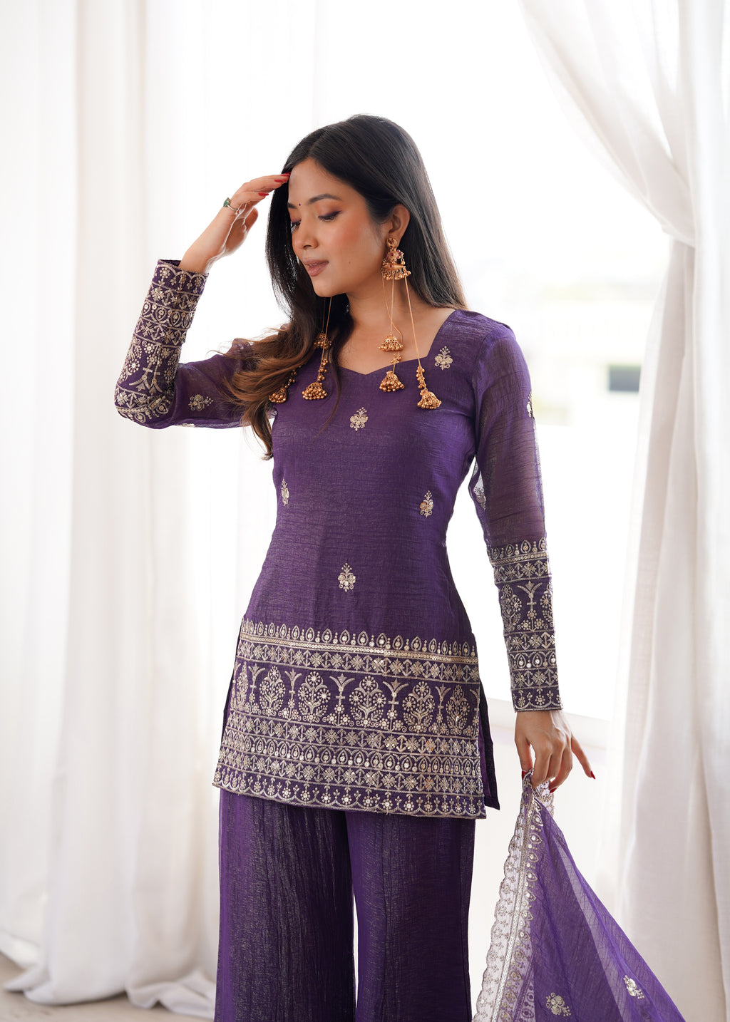 Purple Crunchy Silk Embroidery Sequence  Sharara Set