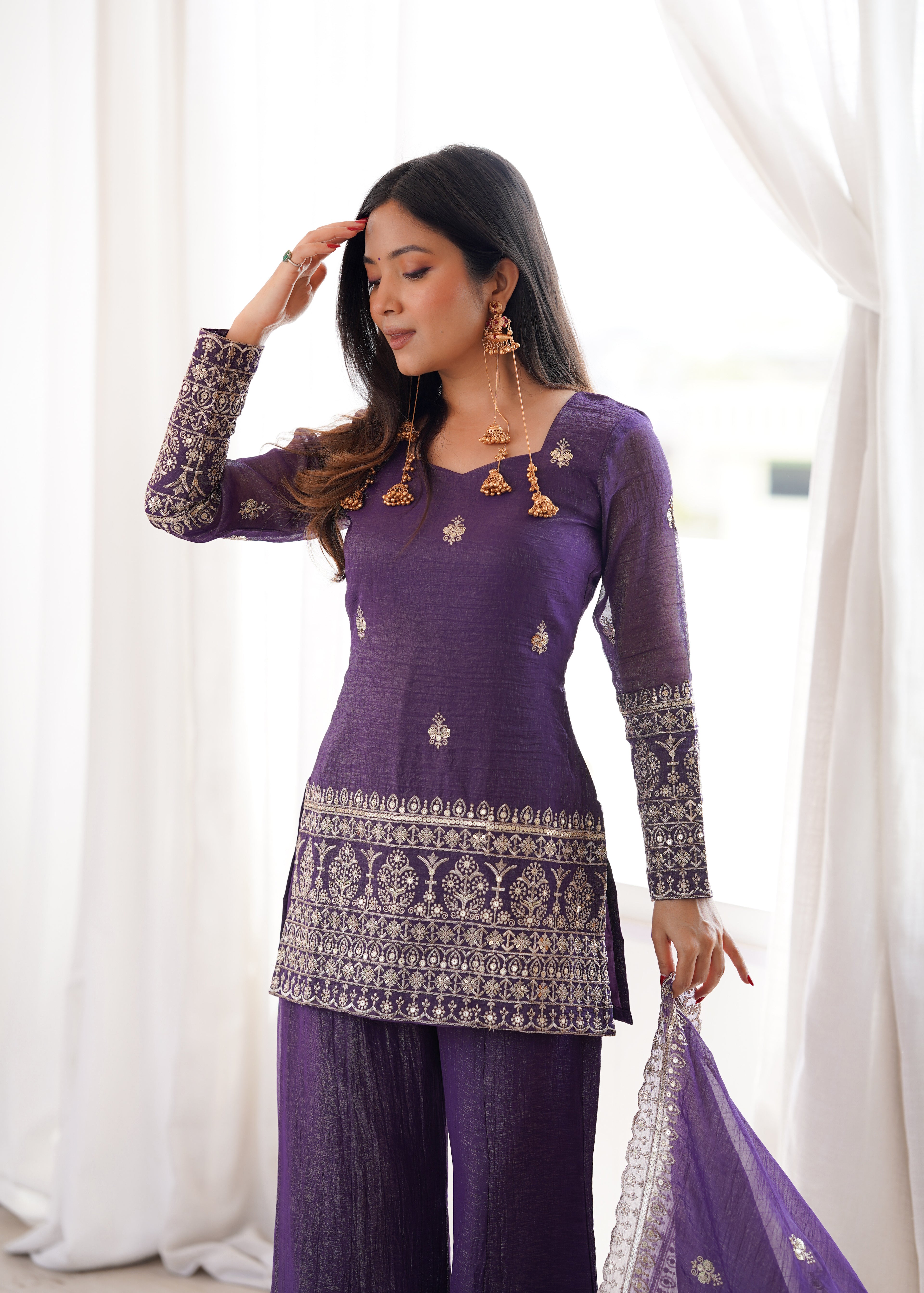 Purple Crunchy Silk Embroidery Sequence  Sharara Set