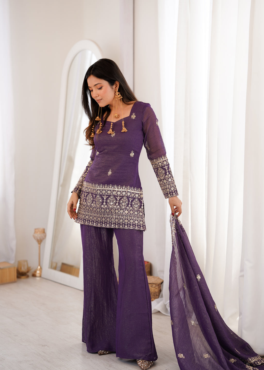 Purple Crunchy Silk Embroidery Sequence  Sharara Set