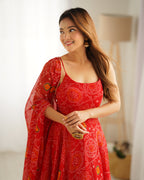 Red Bandhej Kurta Set