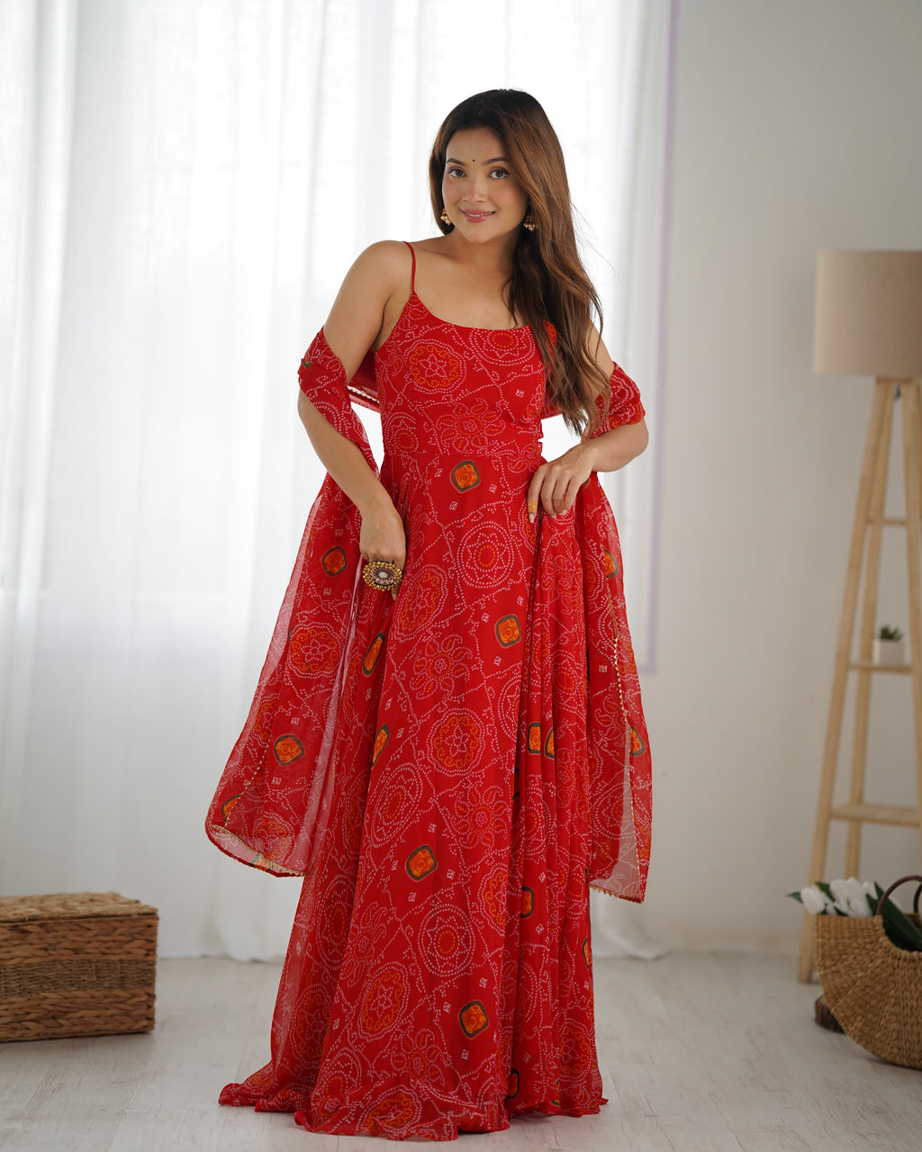 Red Bandhej Kurta Set