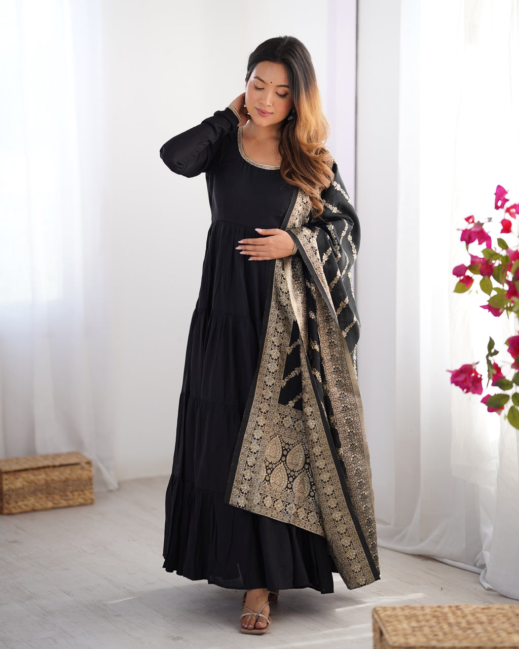 Black Chanderi Silk Kurta Set