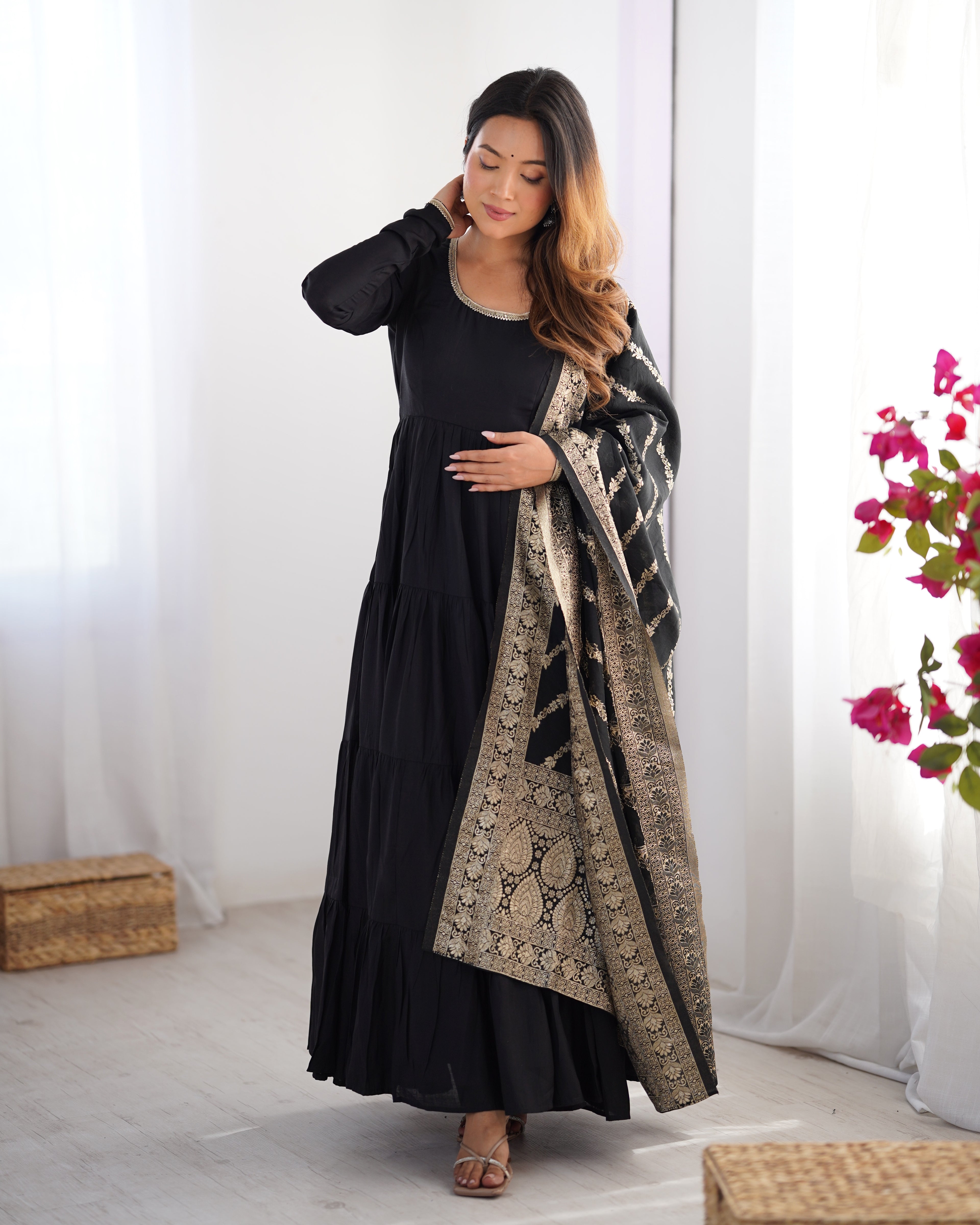 Black Chanderi Silk Kurta Set