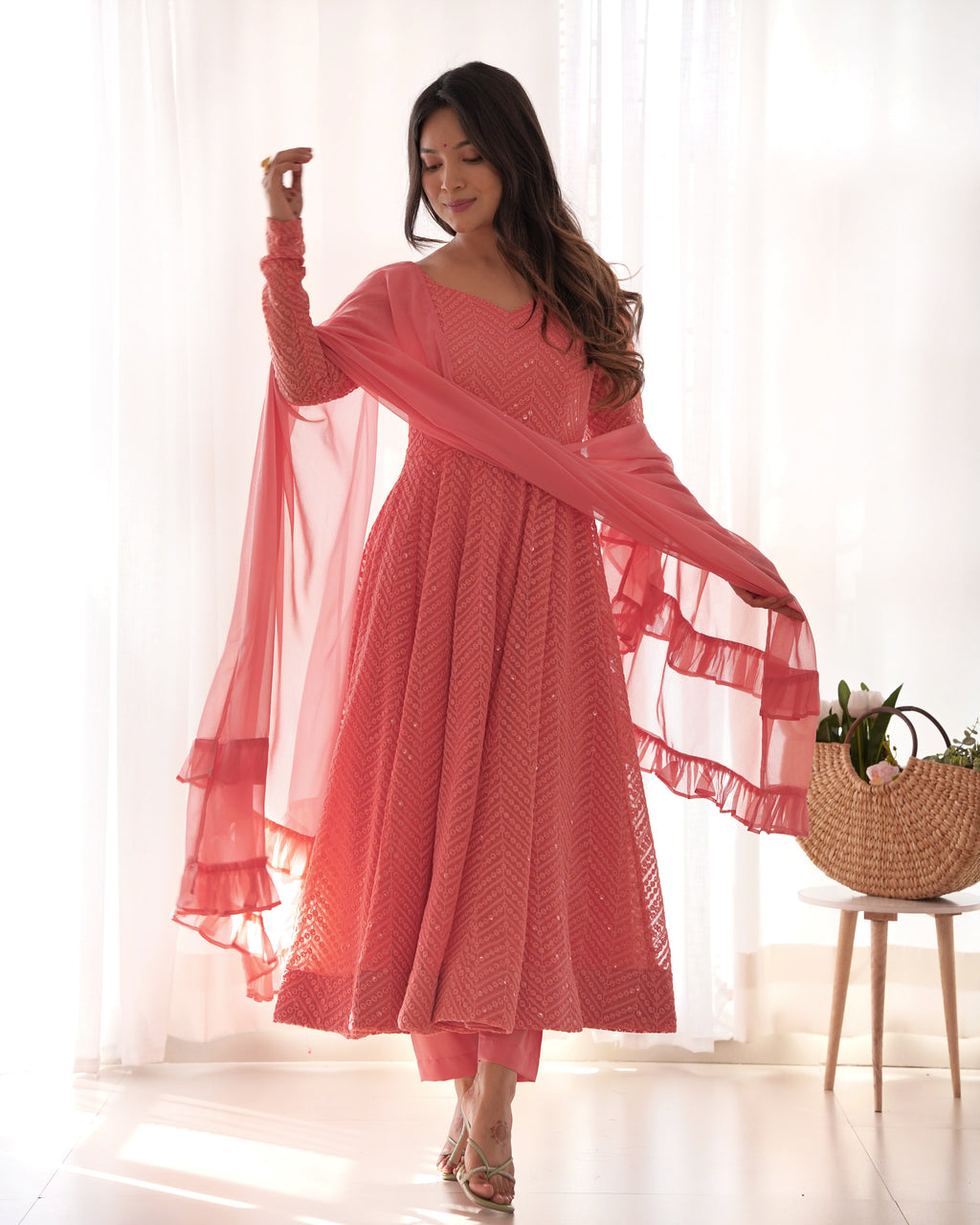 Orange Lukhnowi Sequence Work Kurta Set  "