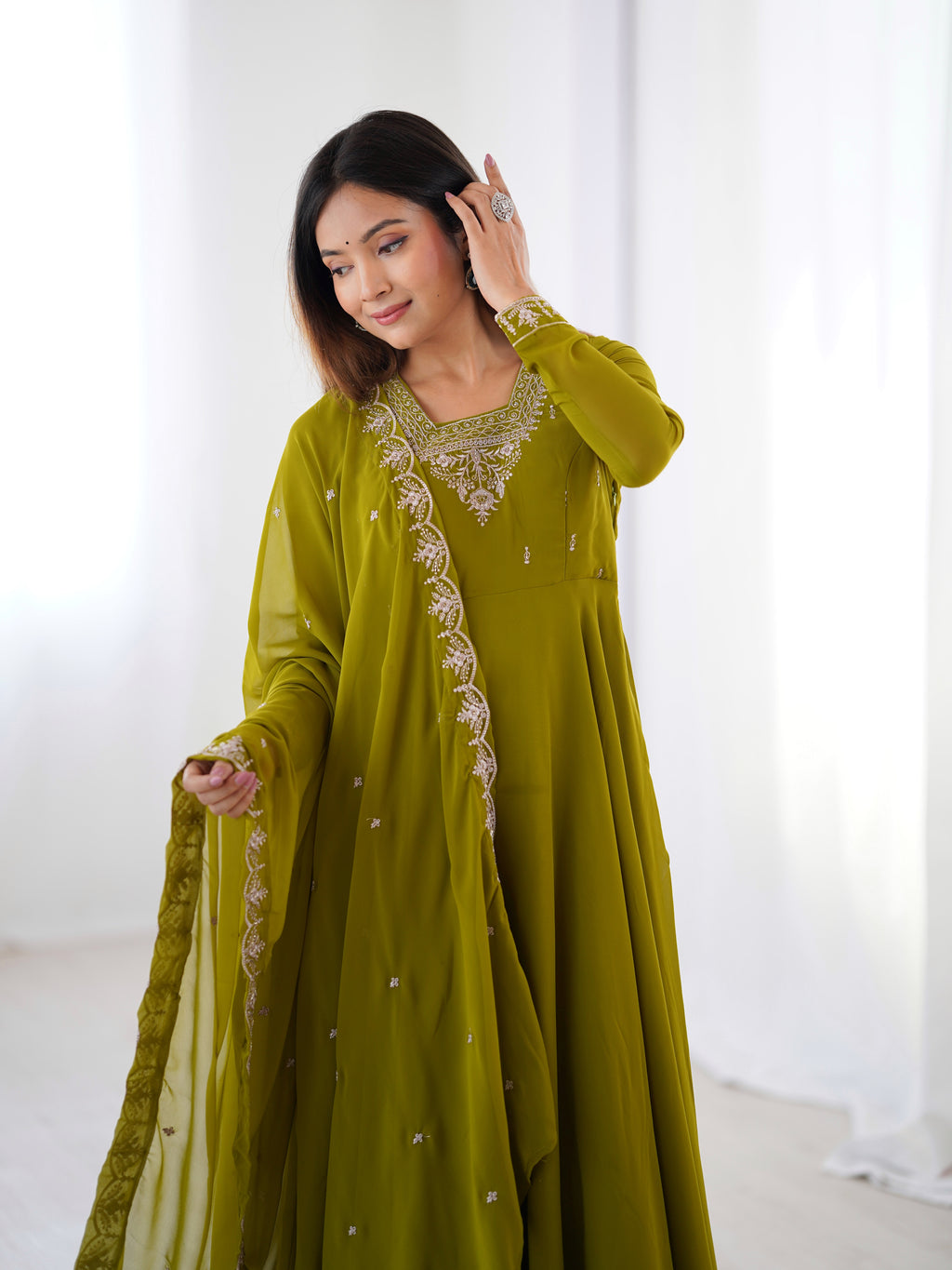 Mehendi Georgette Embroidery Kurta Set