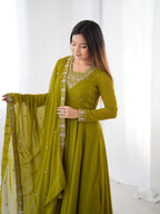 Mehendi Georgette Embroidery Kurta Set
