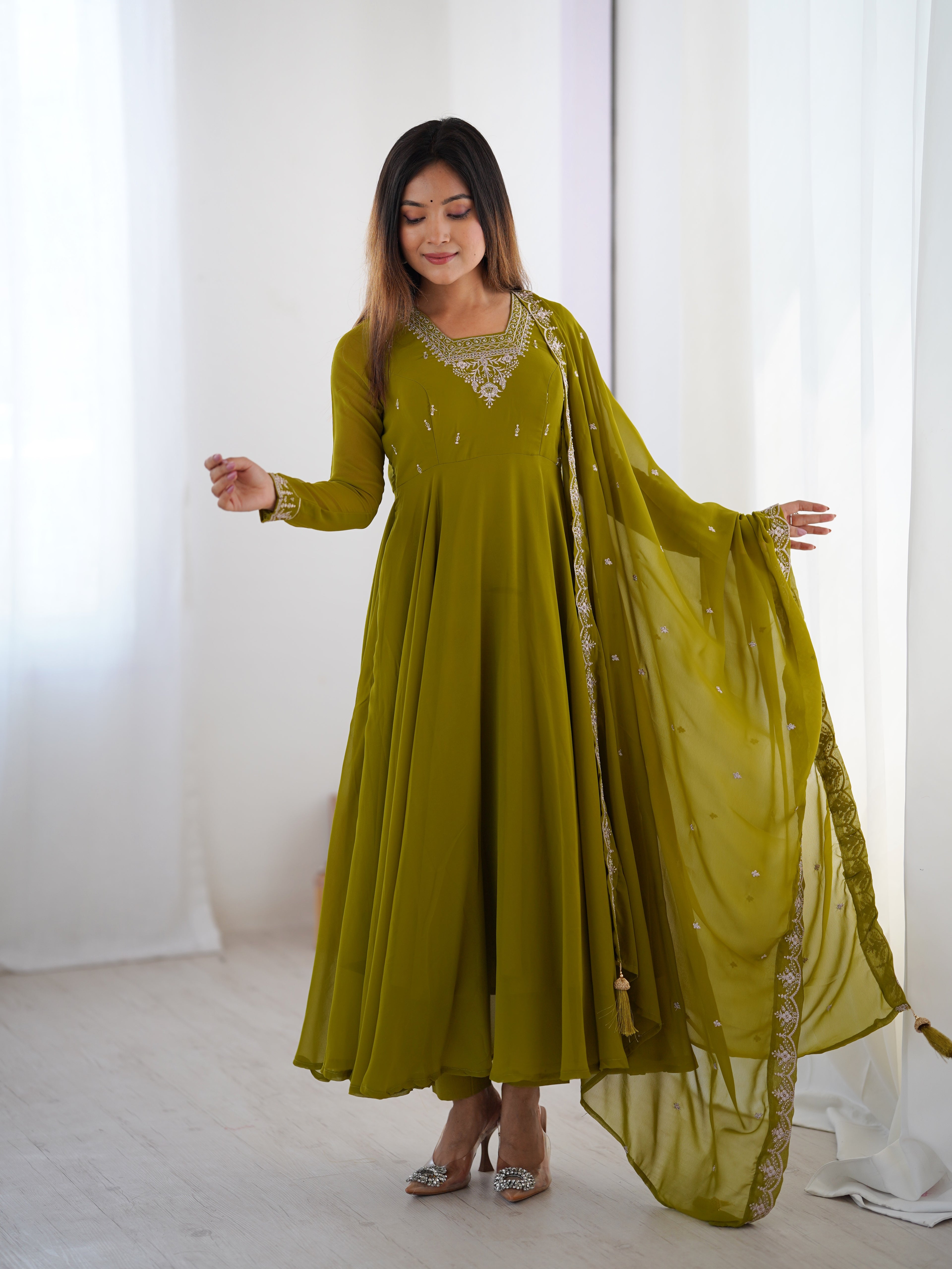 Mehendi Georgette Embroidery Kurta Set