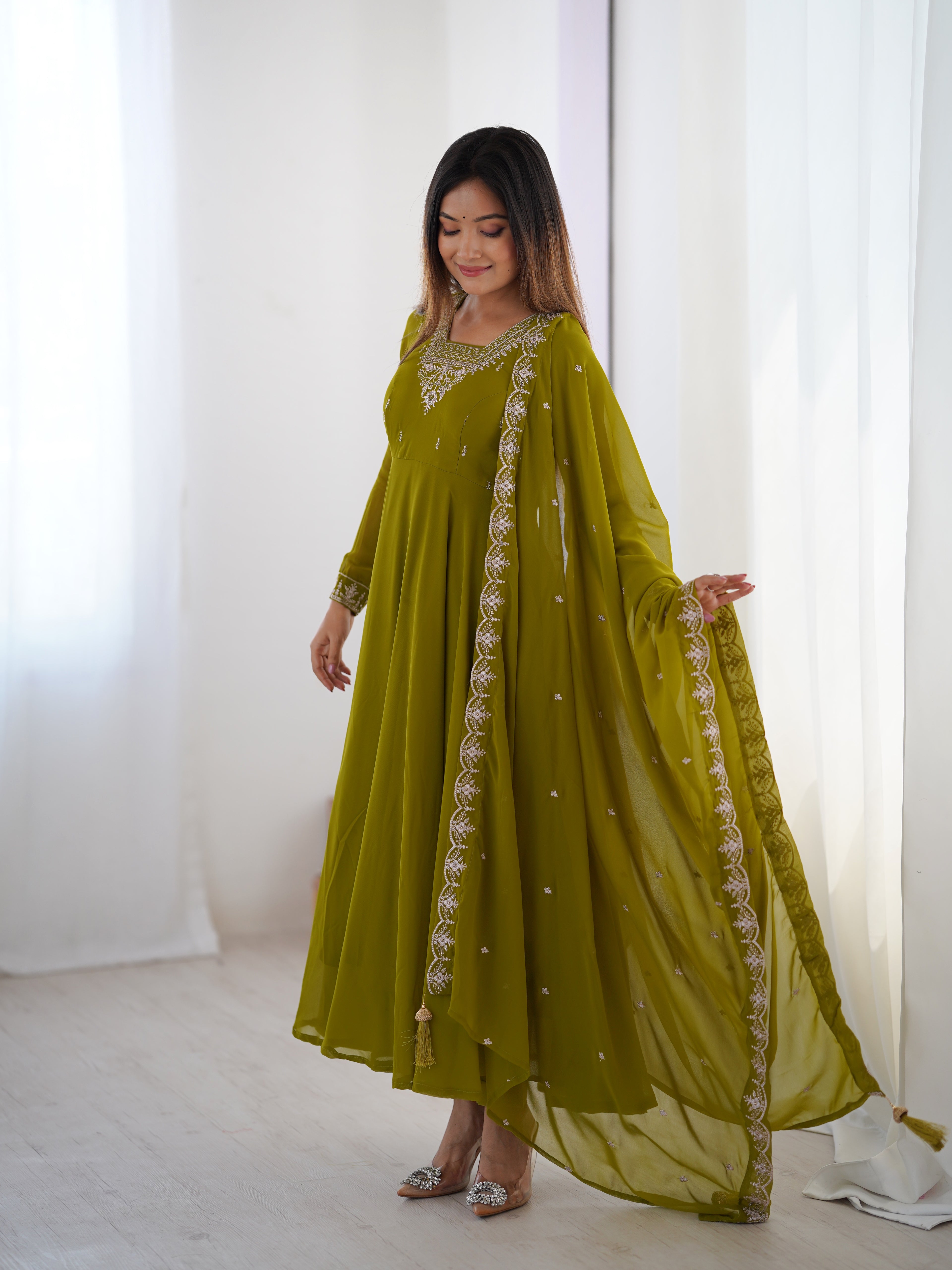Mehendi Georgette Embroidery Kurta Set