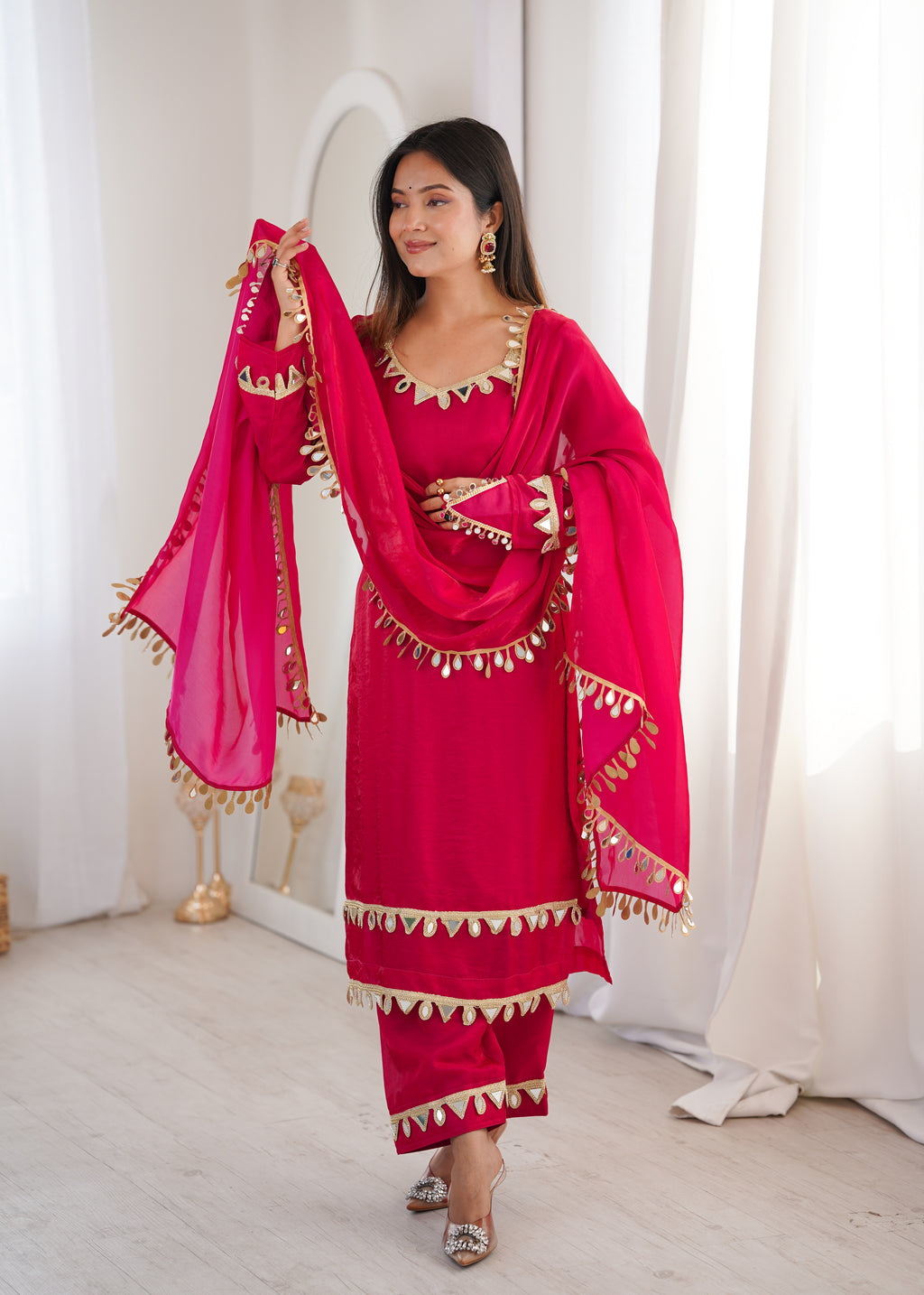 Pink Real Mirror Lace Work Stylish Suit Set
