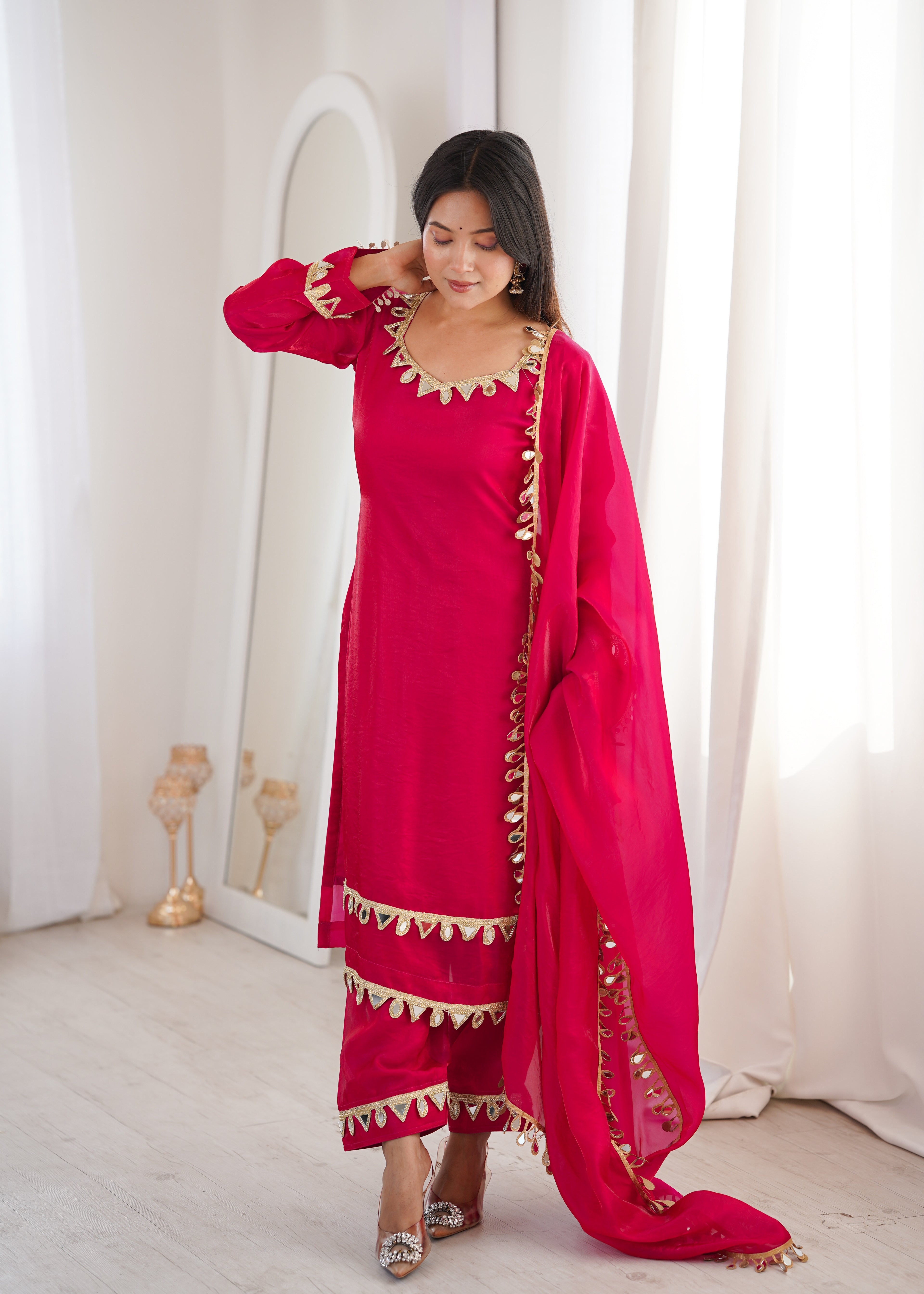 Pink Real Mirror Lace Work Stylish Suit Set