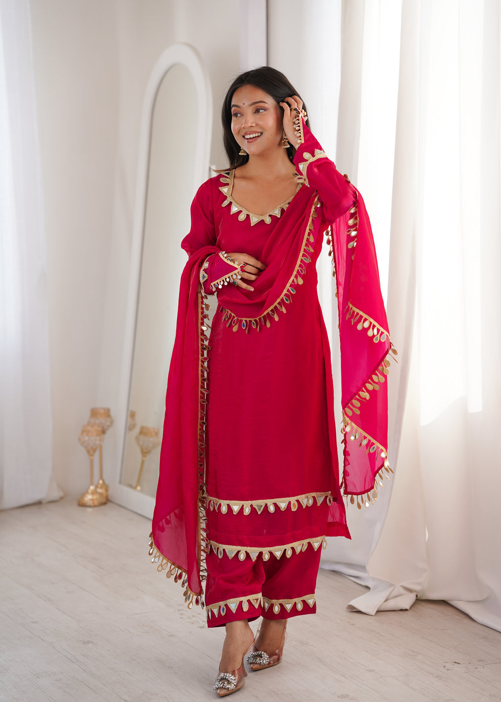 Pink Real Mirror Lace Work Stylish Suit Set