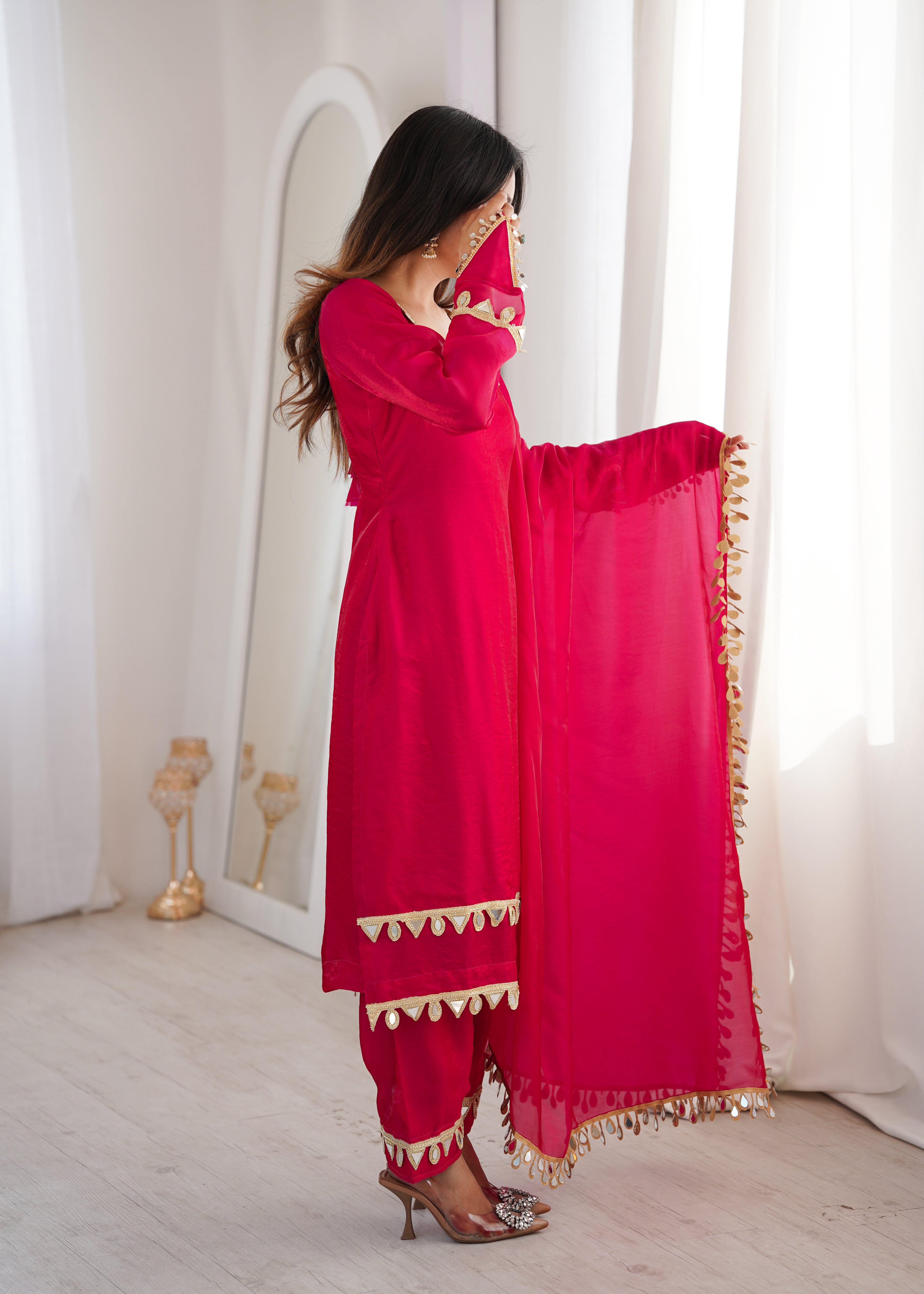 Pink Real Mirror Lace Work Stylish Suit Set