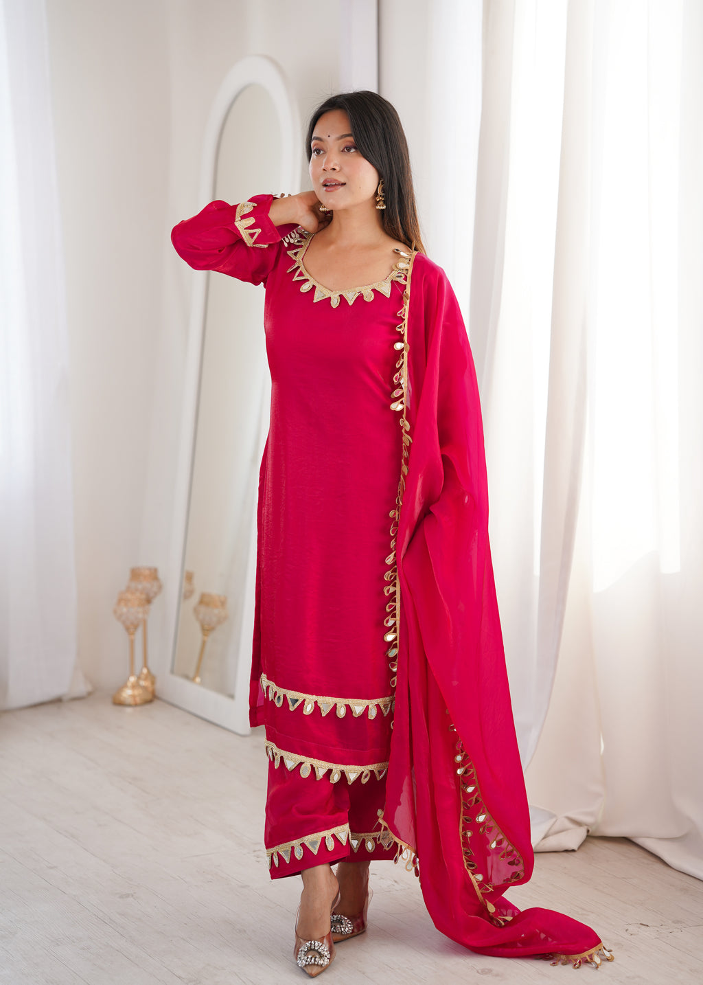 Pink Real Mirror Lace Work Stylish Suit Set