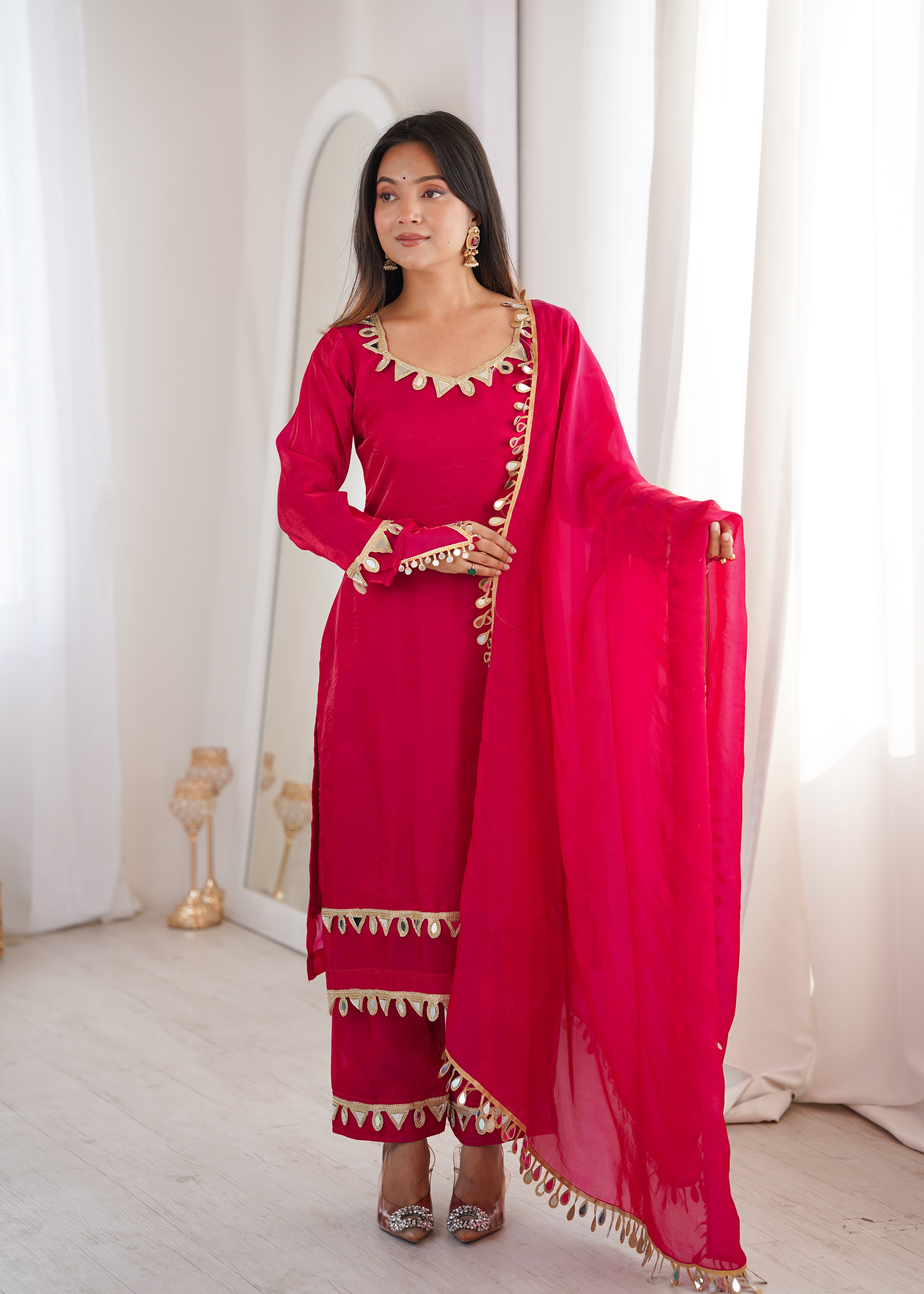 Pink Real Mirror Lace Work Stylish Suit Set