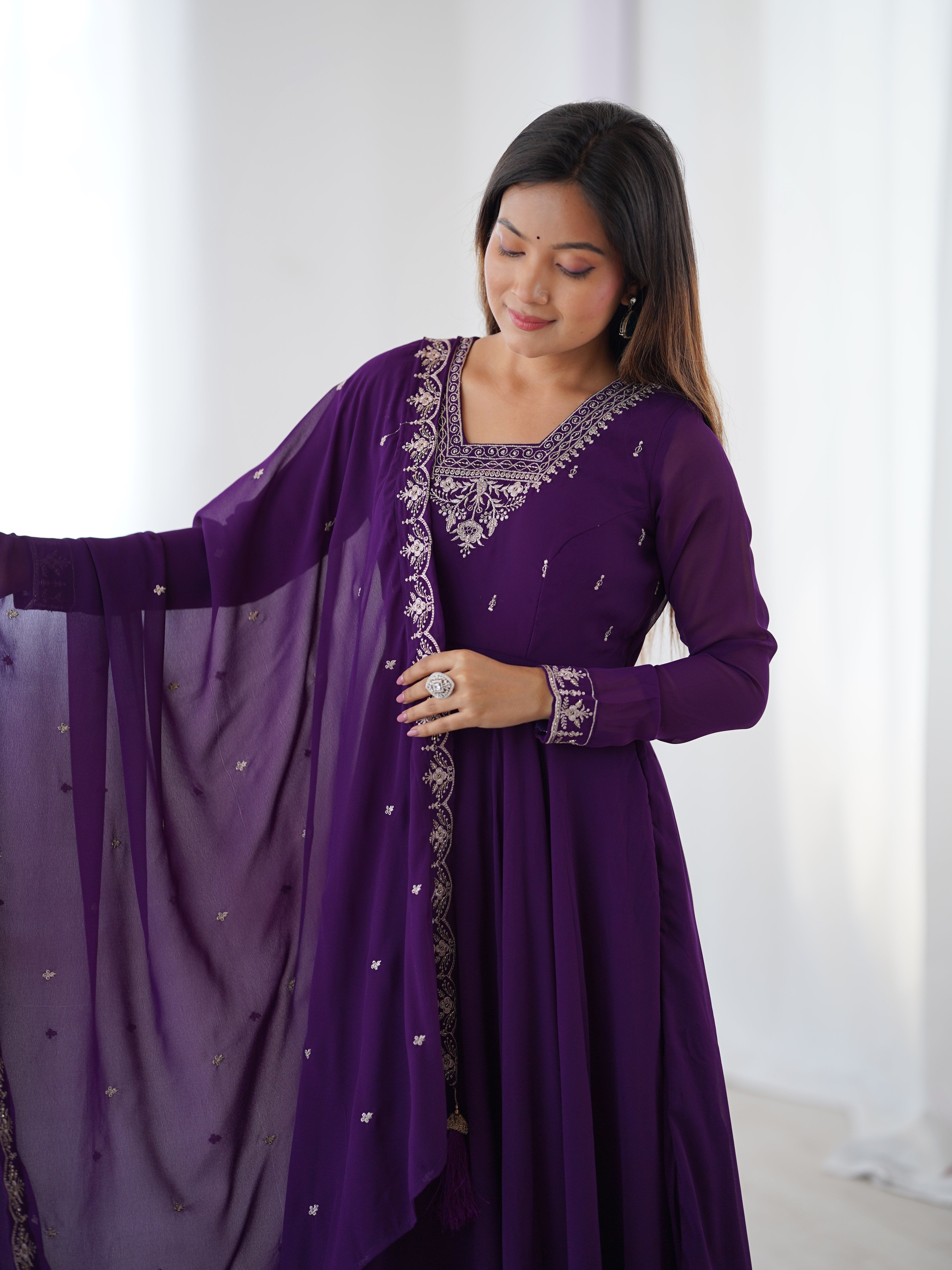 Purple Georgette Embroidery Kurta Set