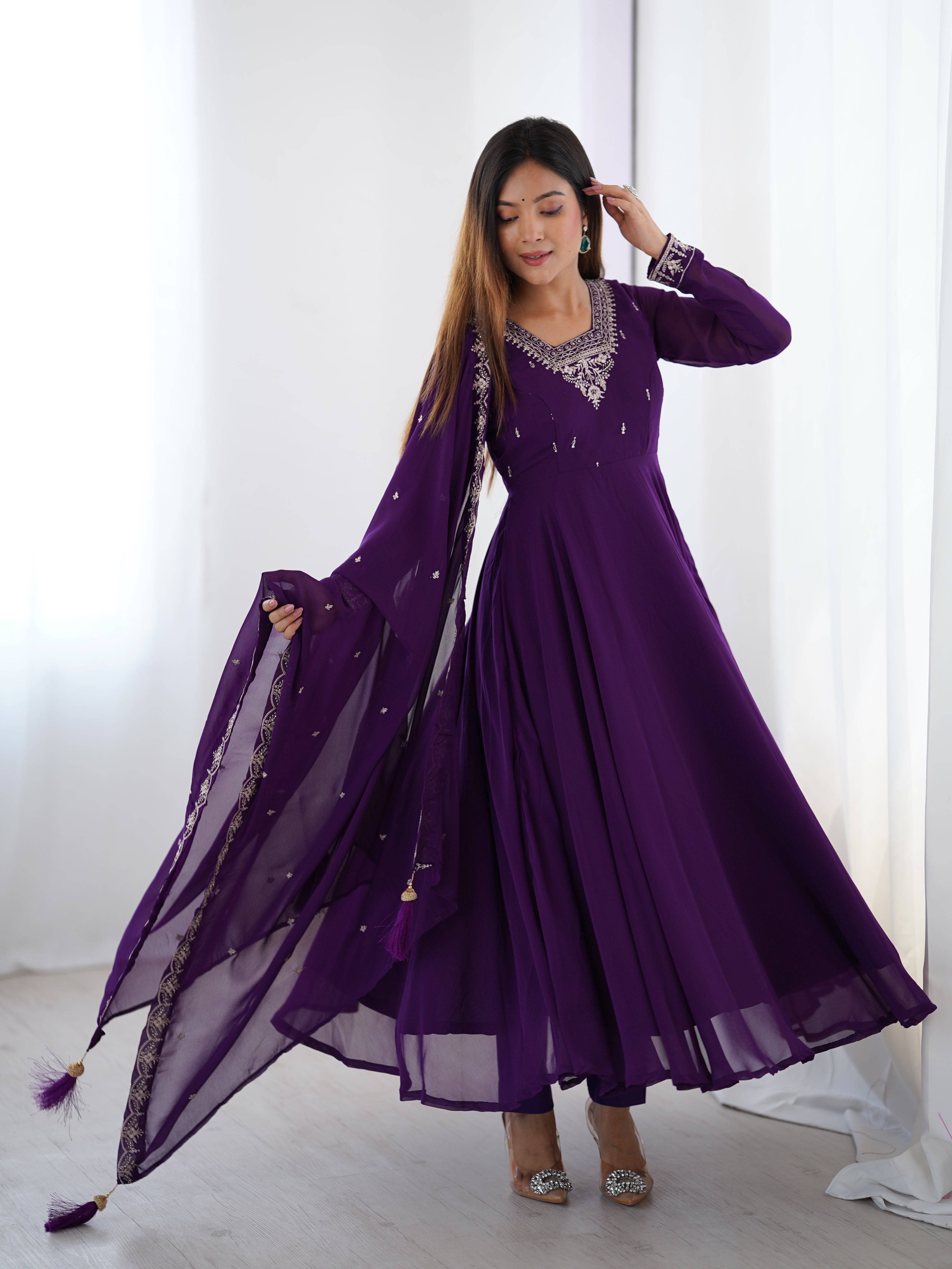 Purple Georgette Embroidery Kurta Set