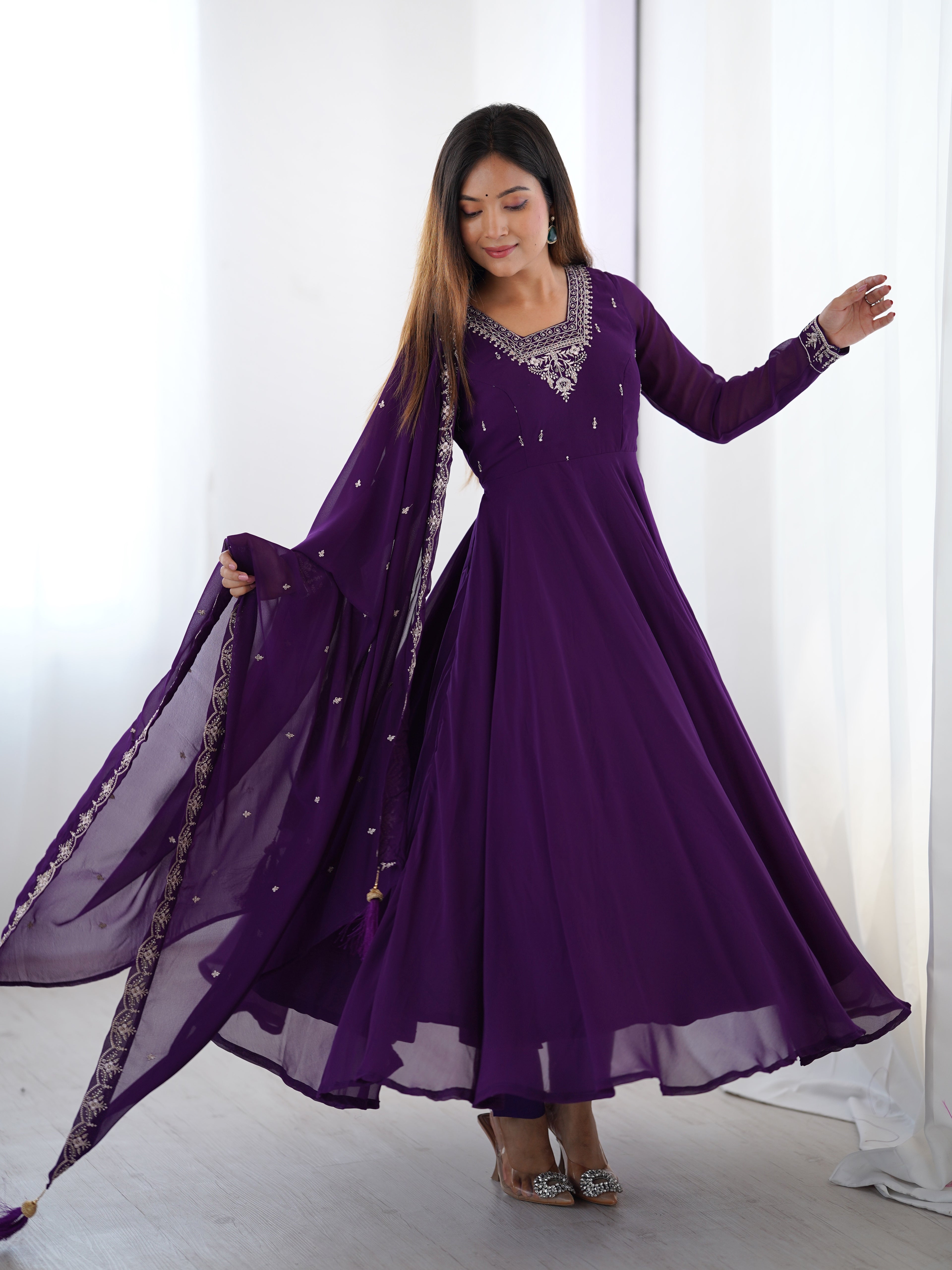 Purple Georgette Embroidery Kurta Set