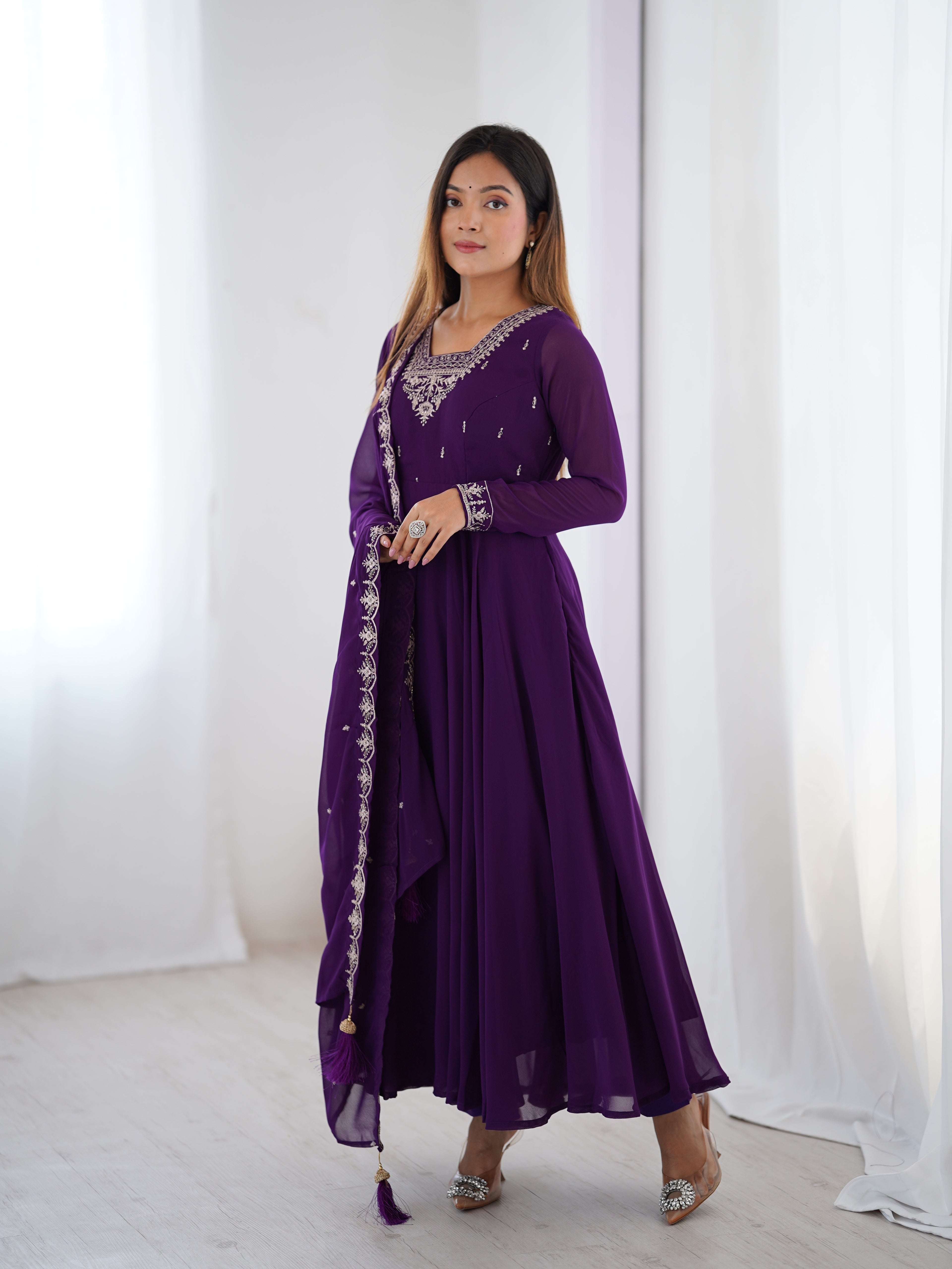 Purple Georgette Embroidery Kurta Set