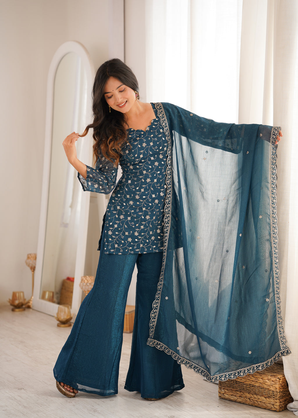 Tea Blue Crunchy Silk Fabric With Embroidery Sharara Set