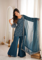 Tea Blue Crunchy Silk Fabric With Embroidery Sharara Set
