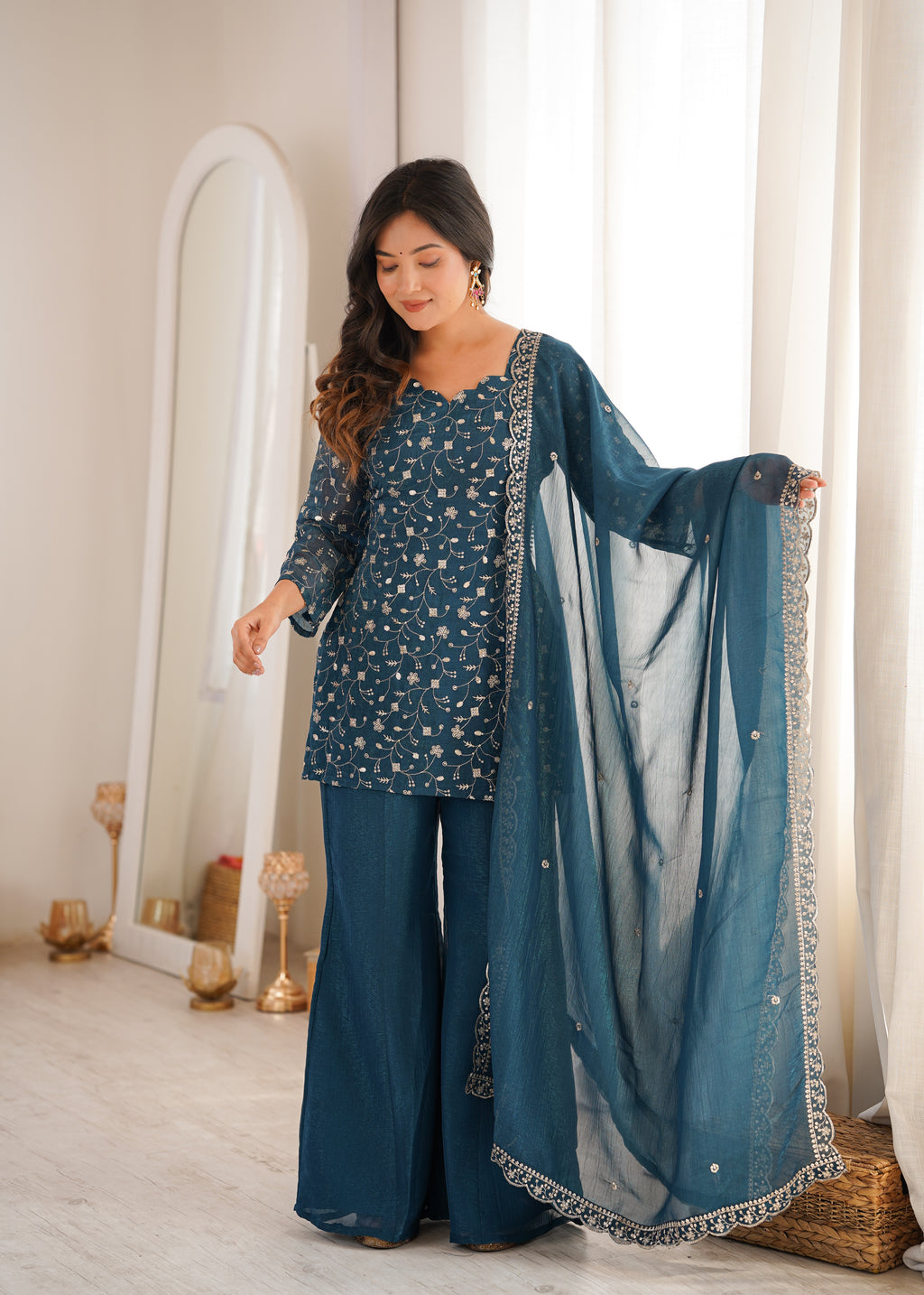 Tea Blue Crunchy Silk Fabric With Embroidery Sharara Set