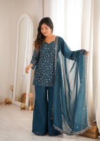 Tea Blue Crunchy Silk Fabric With Embroidery Sharara Set