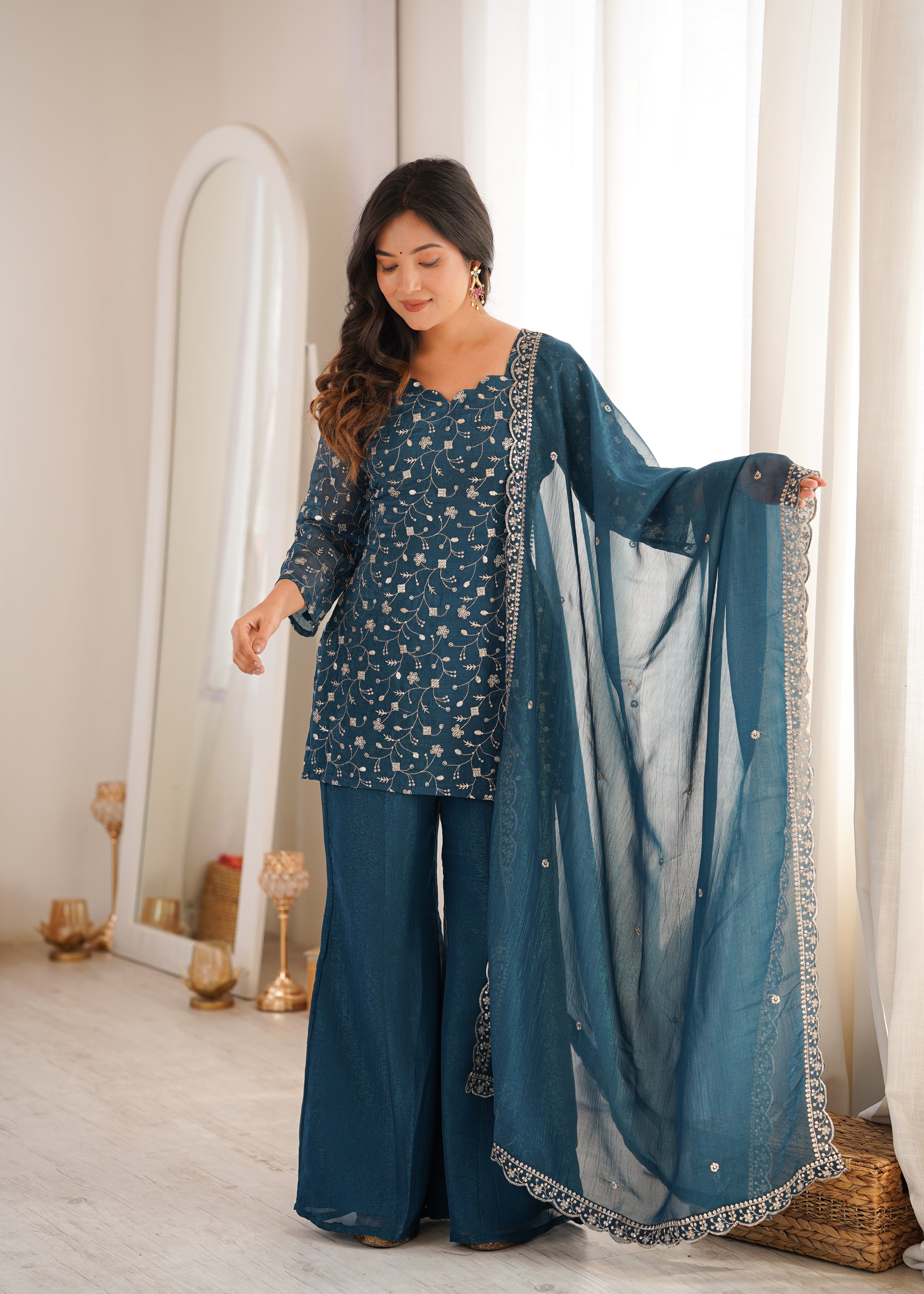Tea Blue Crunchy Silk Fabric With Embroidery Sharara Set