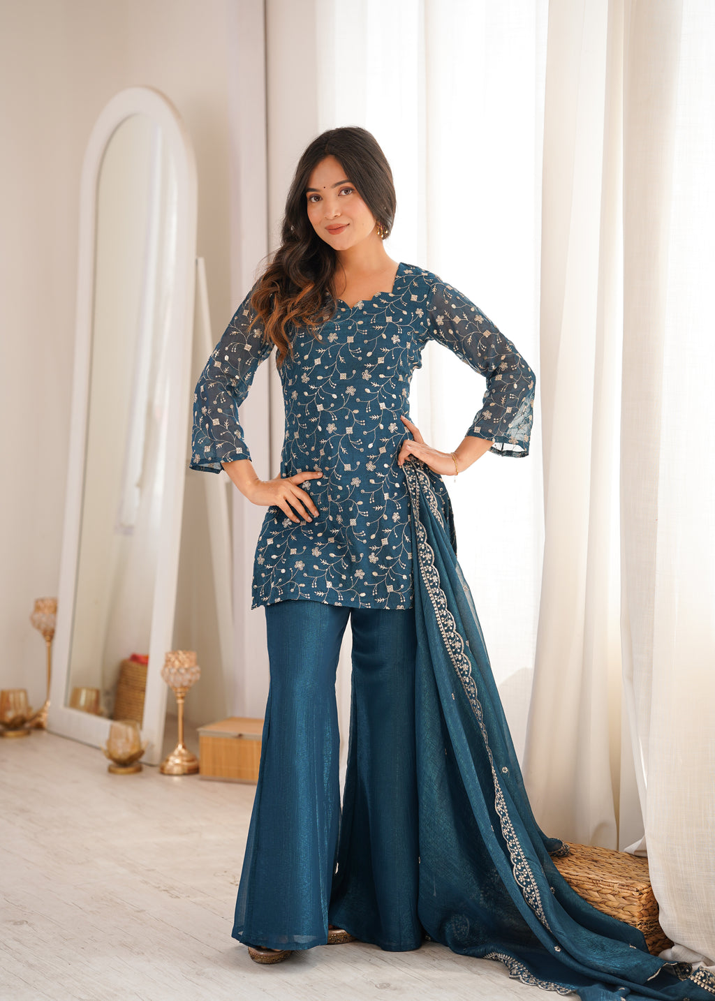 Tea Blue Crunchy Silk Fabric With Embroidery Sharara Set