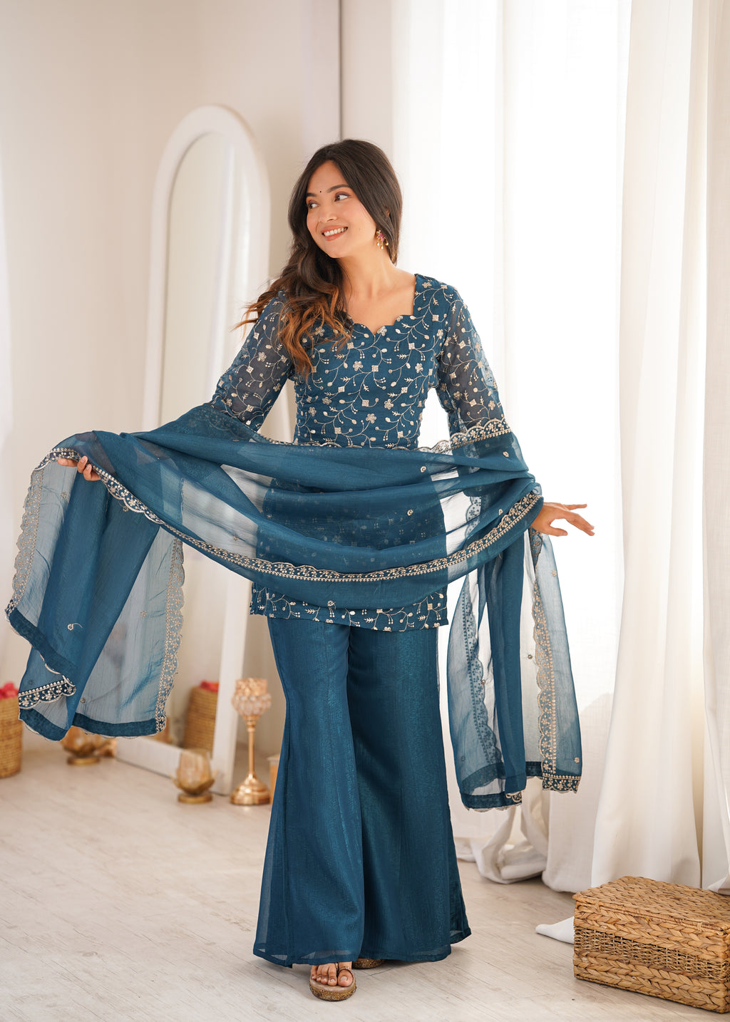 Tea Blue Crunchy Silk Fabric With Embroidery Sharara Set