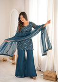 Tea Blue Crunchy Silk Fabric With Embroidery Sharara Set