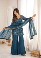 Tea Blue Crunchy Silk Fabric With Embroidery Sharara Set