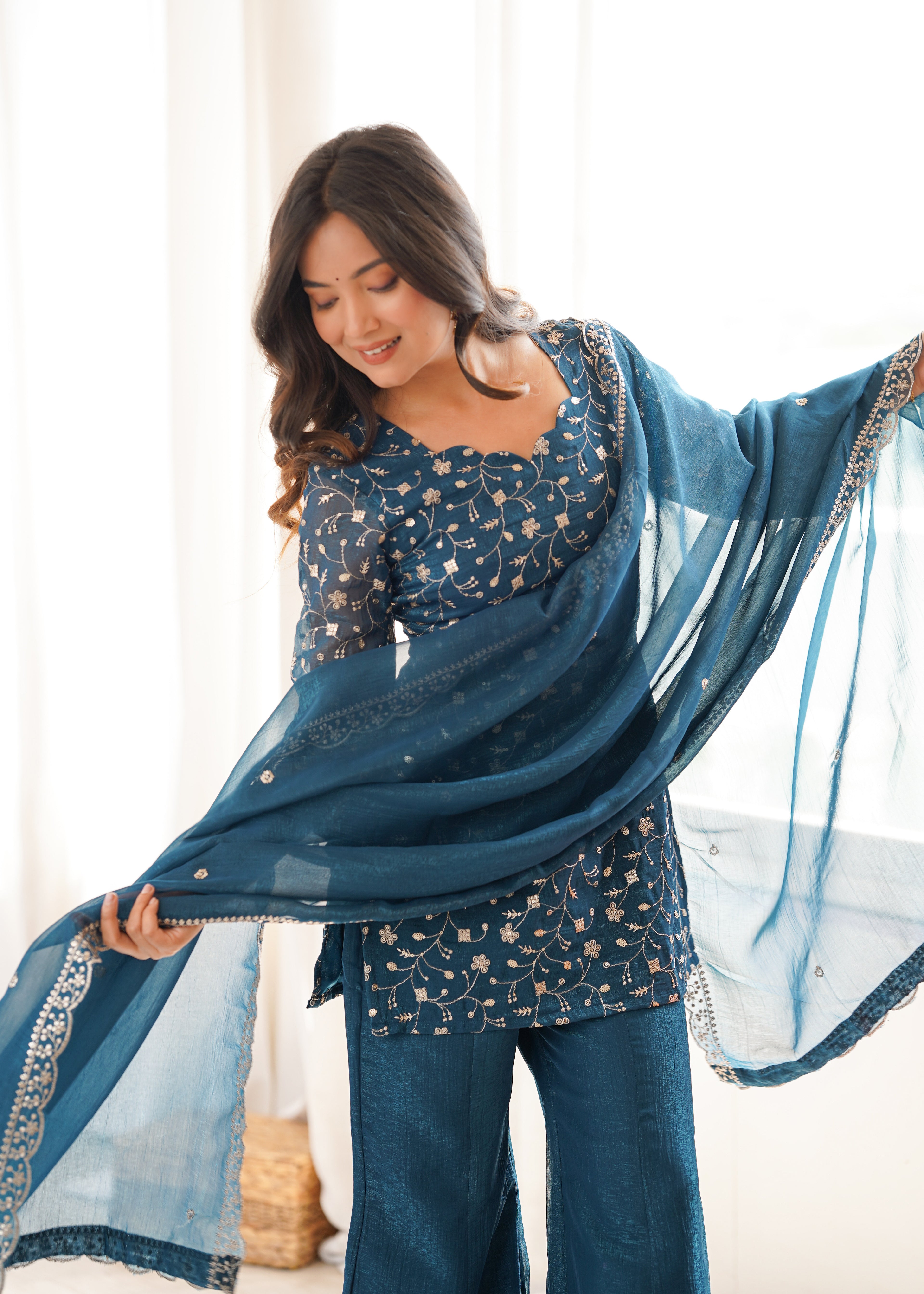 Tea Blue Crunchy Silk Fabric With Embroidery Sharara Set